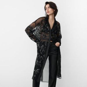 Zara Longline Embroidered Tulle Blouse - Black